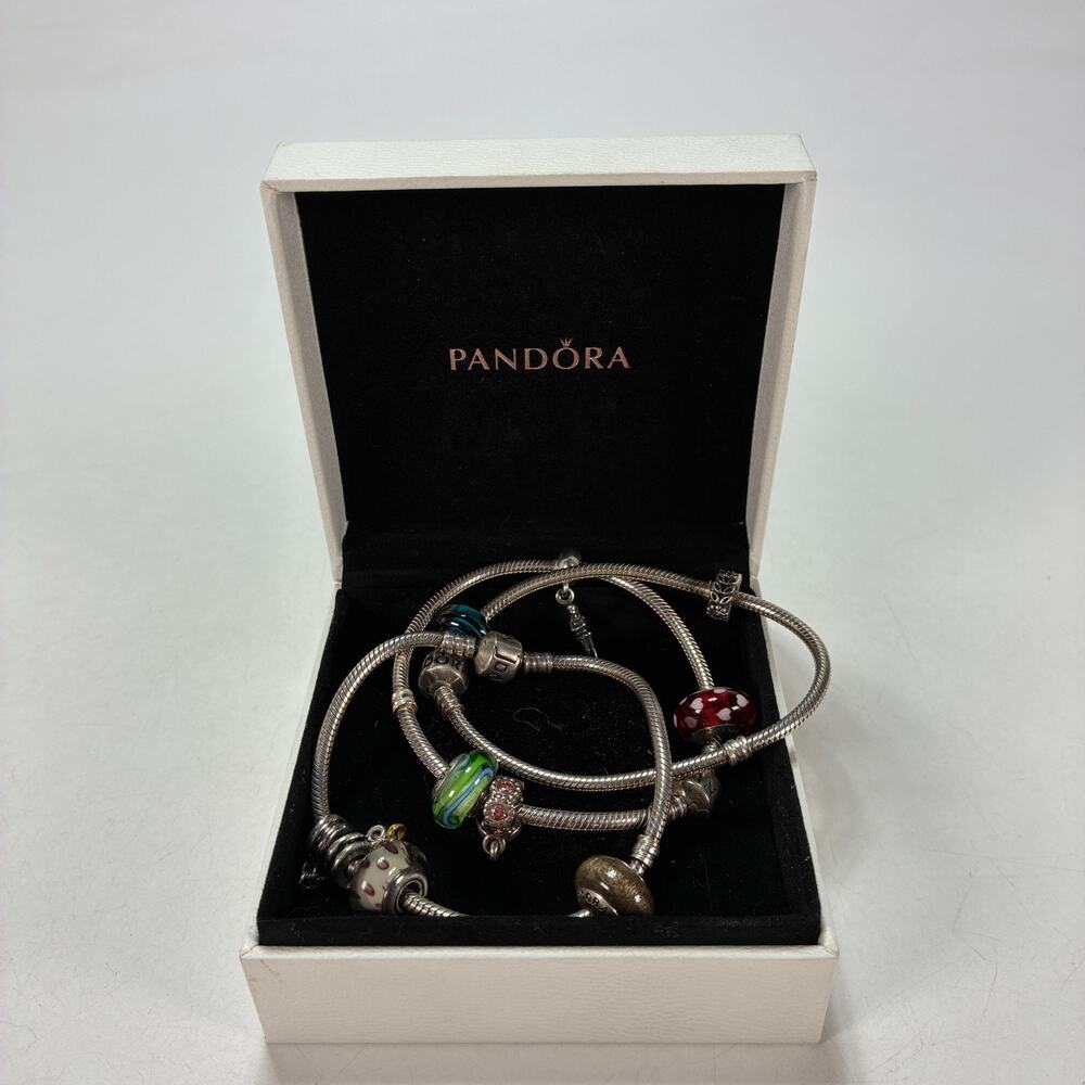 (3) Pandora Sterling Silver Shimmer Bead Snake Chain Charm Colorful Bracelets